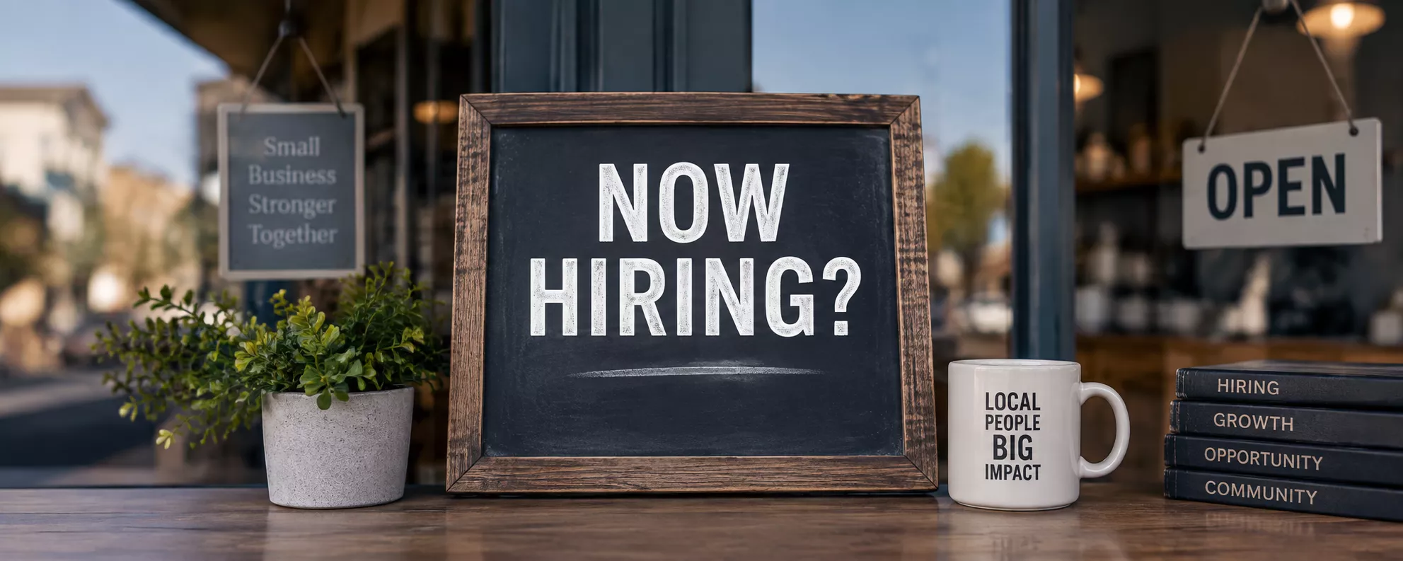 Head image of a counter with a Now Hiring sign ona a chalkboard