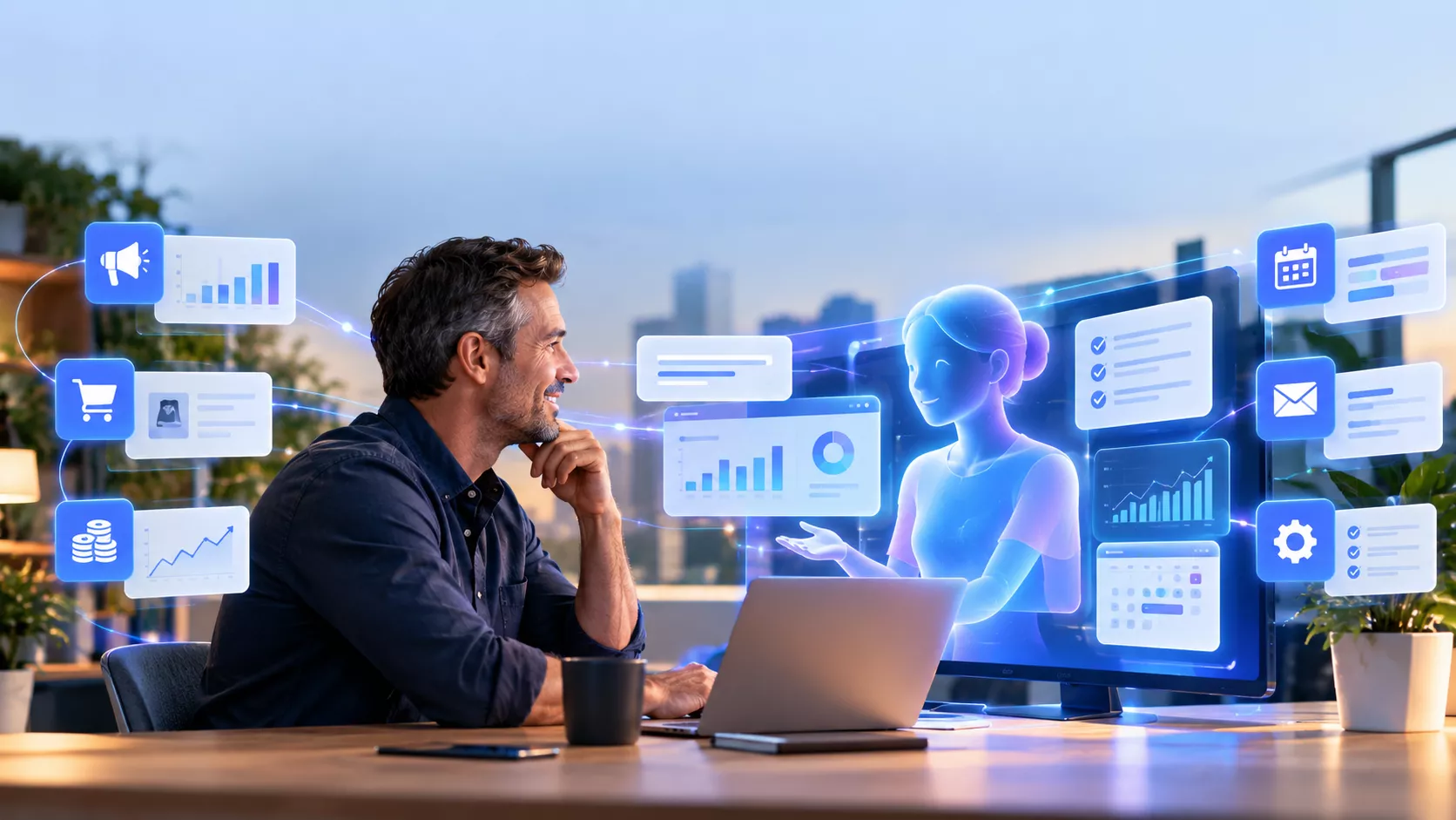 Meta Muse for small business header image, blue icons on the left for billing, shopping, announcemens, with a man at a desk, laptop open, speaking to a blue AI agent on a large screen.