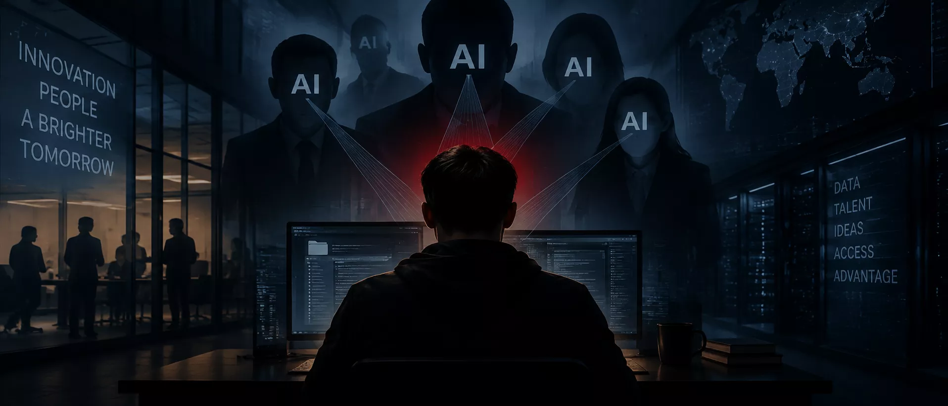 Sillouette of a man sitting in fron of a computer with the letters AI shwon multiple times extending beams of light all focused on the man.