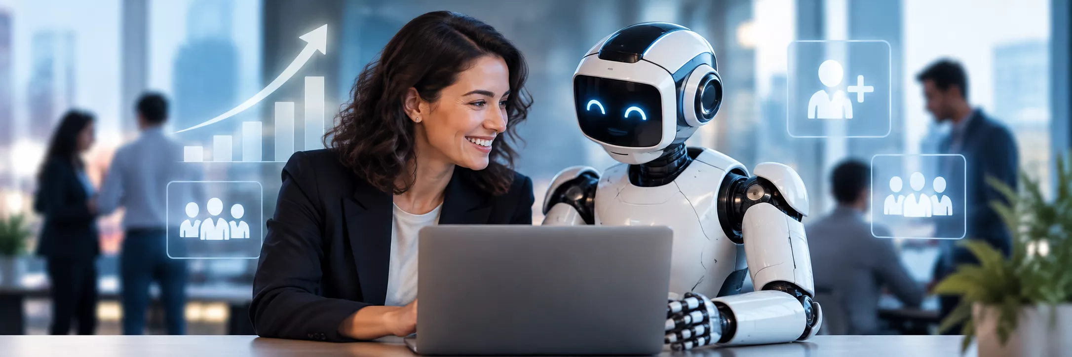 A woman smailing at a desk conversing with an AI robot