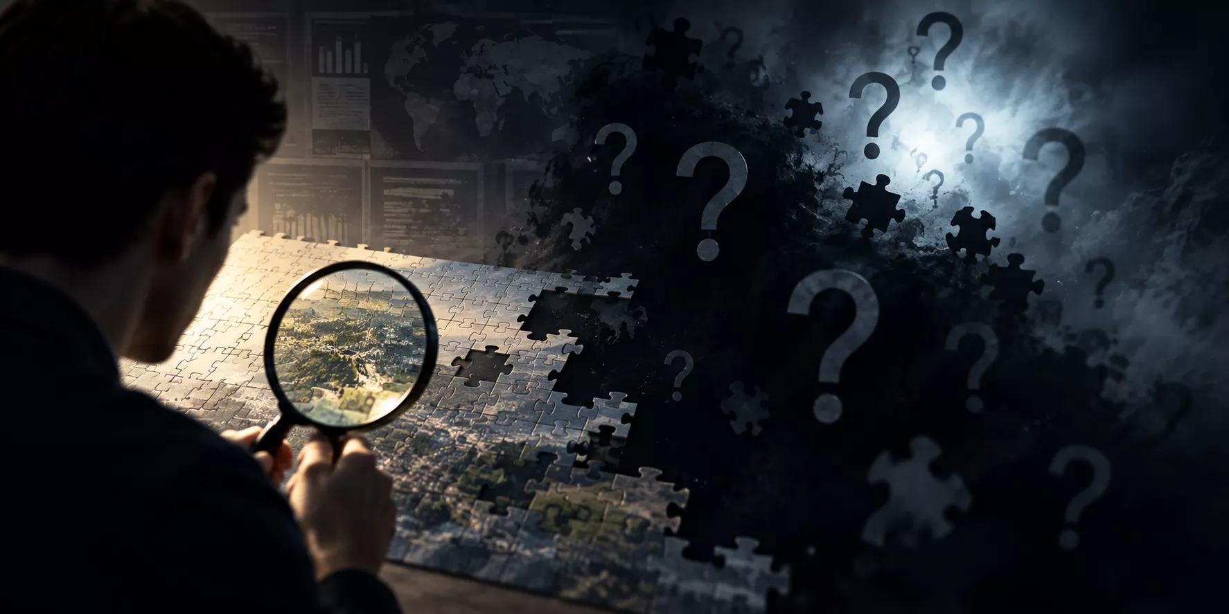 A man using a magnifine glass to view puzzle pieces