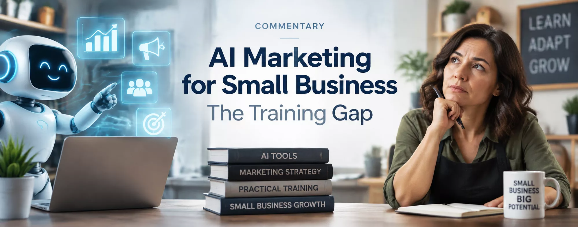 Small business owner evaluating AI marketing tools while an AI assistant highlights analytics, audience targeting, and marketing strategy training opportunities.