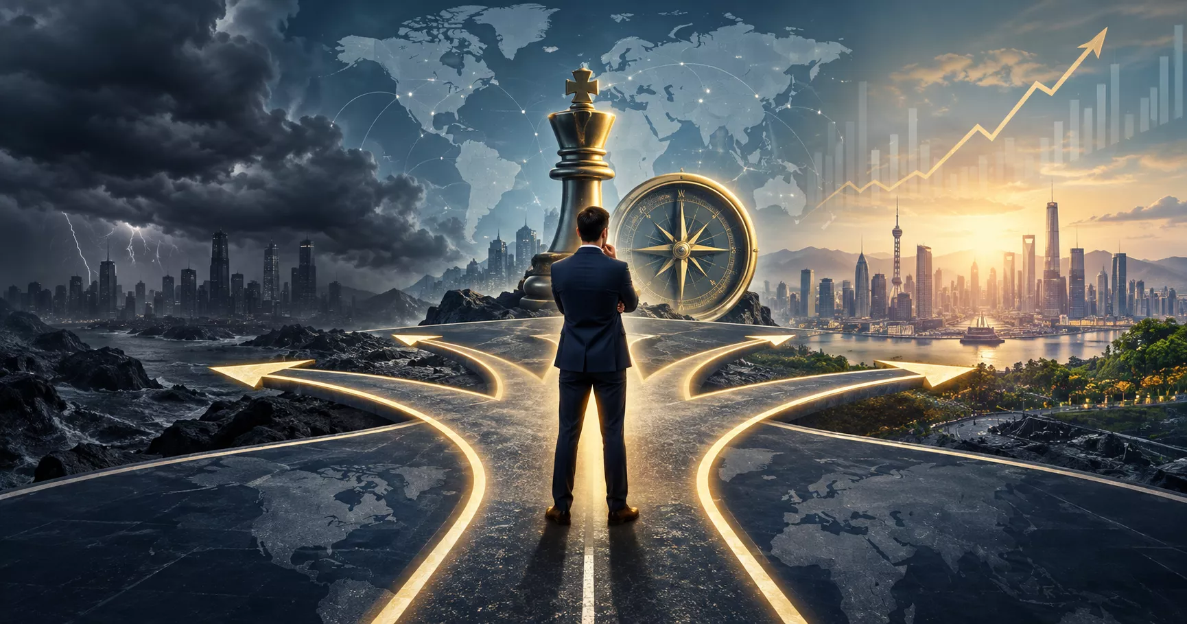 - Editorial illustration of a business leader evaluating strategic growth paths with financial charts, directional arrows, and a compass, representing business expansion planning and decision-making during periods of economic uncertainty.