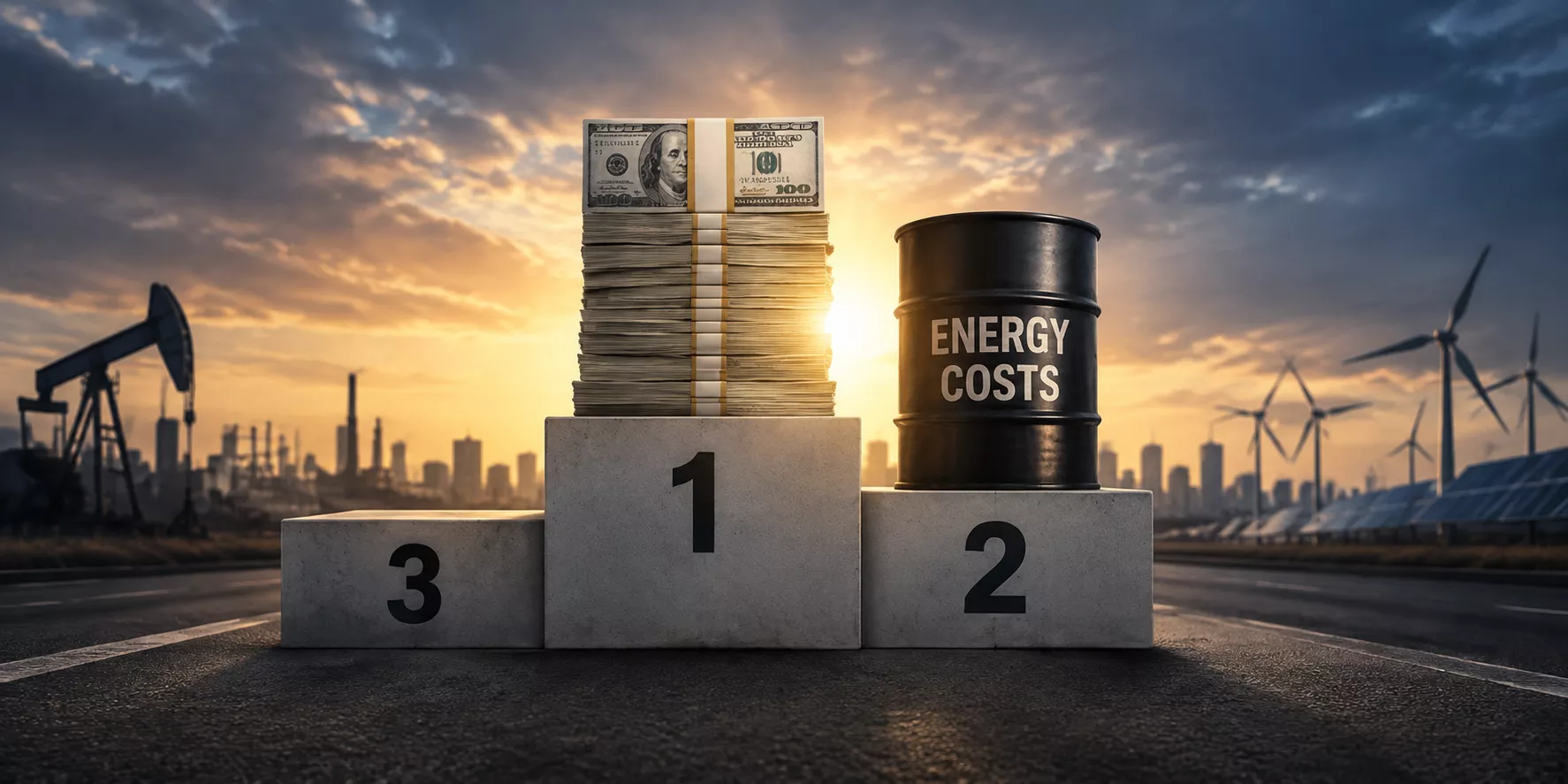 Text Stack of cash on a first-place podium beside an energy costs barrel on a second-place podium, with oil pumps, wind turbines, and industrial infrastructure in the background illustrating rising business expenses and energy costs.