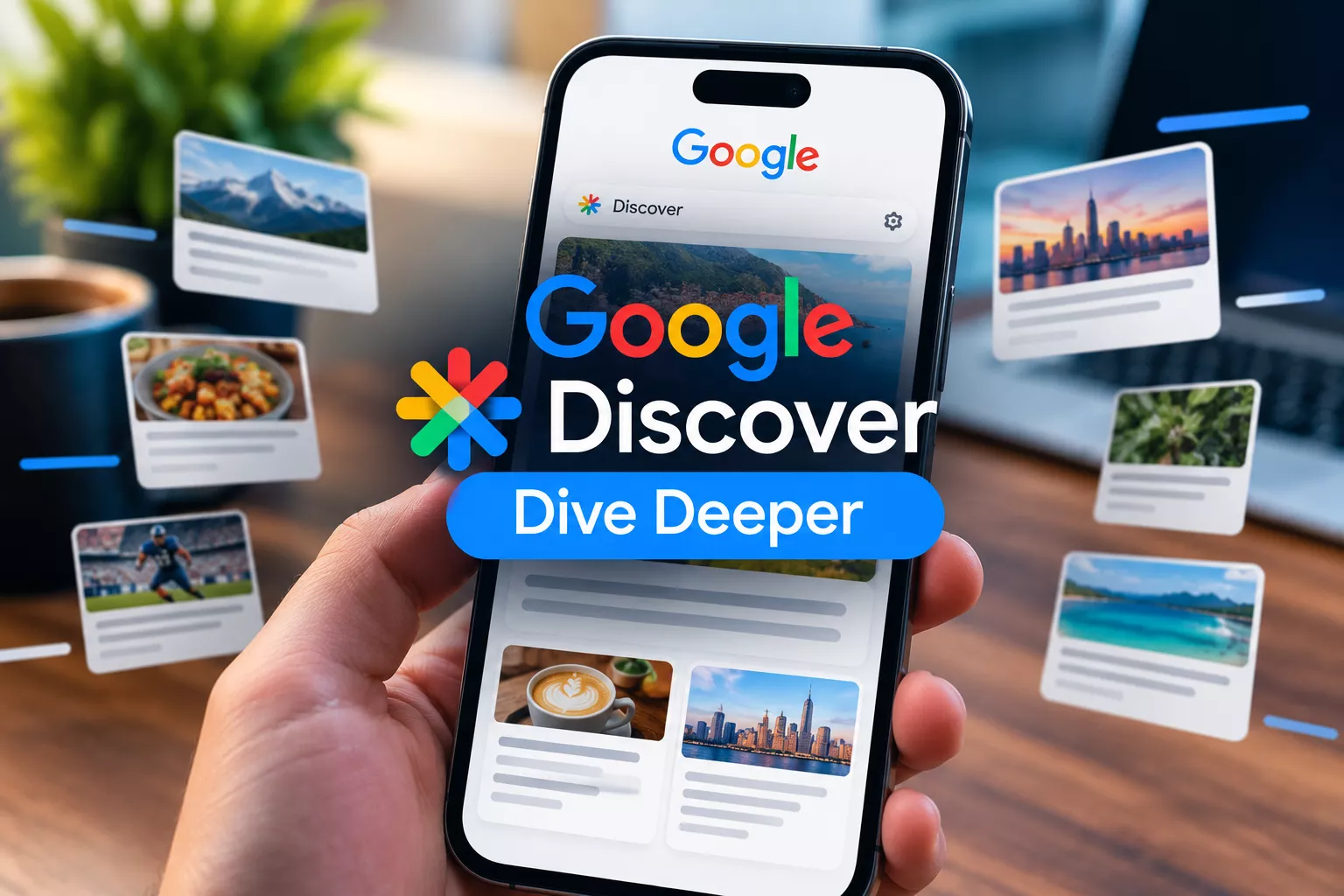 - Editorial illustration of a smartphone displaying the Google Discover feed with content cards, representing how Google Discover surfaces personalized content and opportunities to improve online visibility.