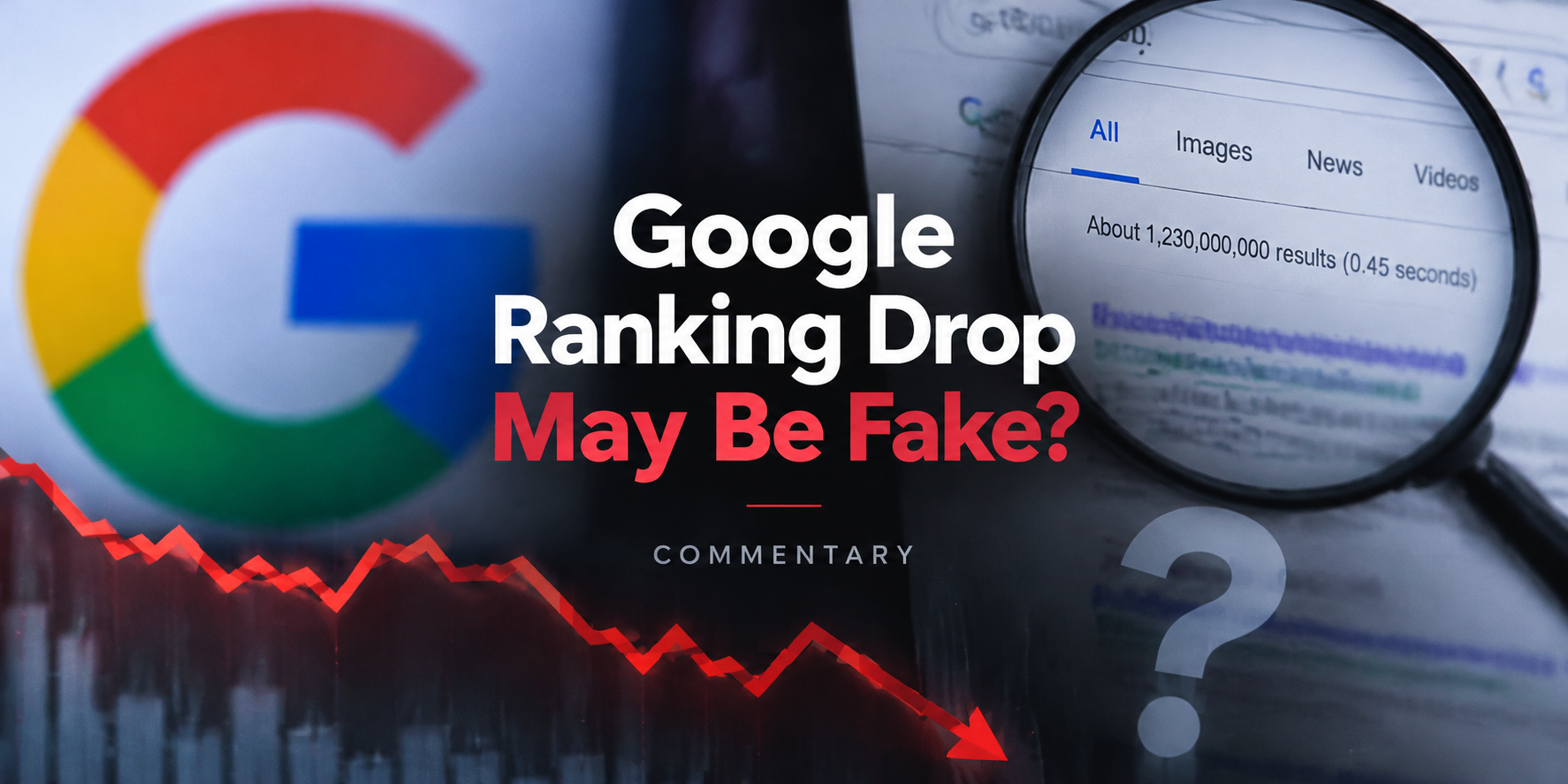 - Google Search logo, search results under a magnifying glass, and a declining ranking chart illustrating how SEO tools or search data anomalies can create the appearance of a Google ranking drop that may not reflect actual search visibility.
