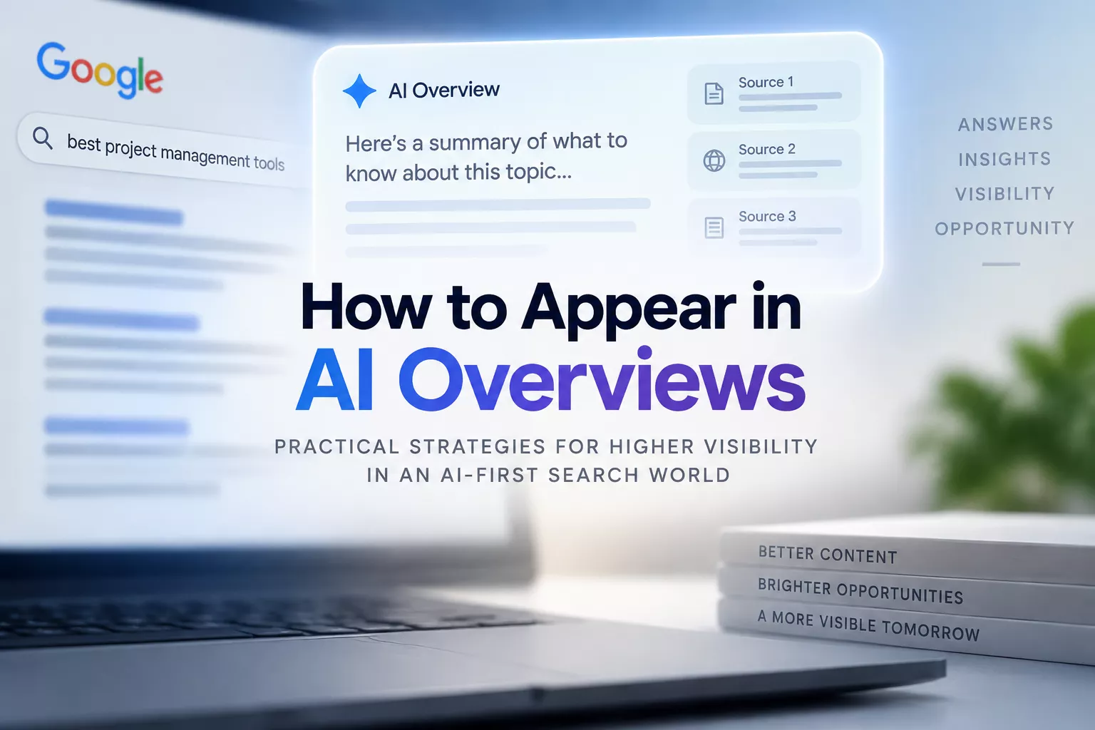 Google search results page displaying an AI Overview summary with cited sources, illustrating strategies for increasing visibility in AI-generated search results.