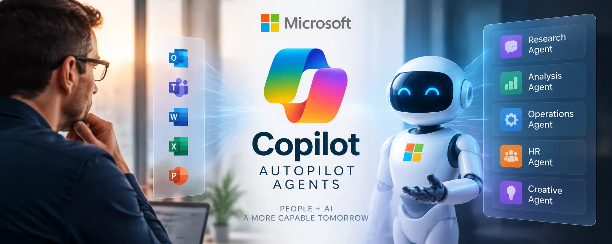Micrisot and Copilot logos with a white robot and text about Copilot becoming more automated.