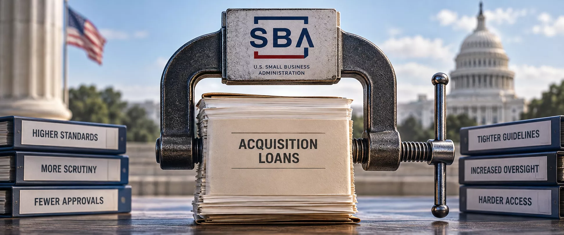 Image of an SBA sigh over acquisition funding and the capital dome in the background