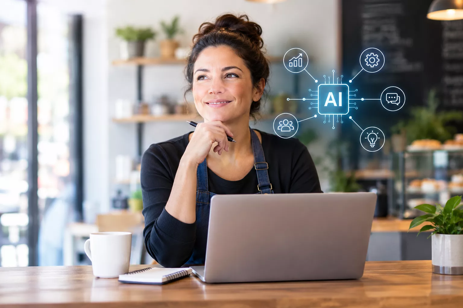 Small business owner using AI-powered business tools on a laptop to improve productivity, automate workflows, and support business growth.