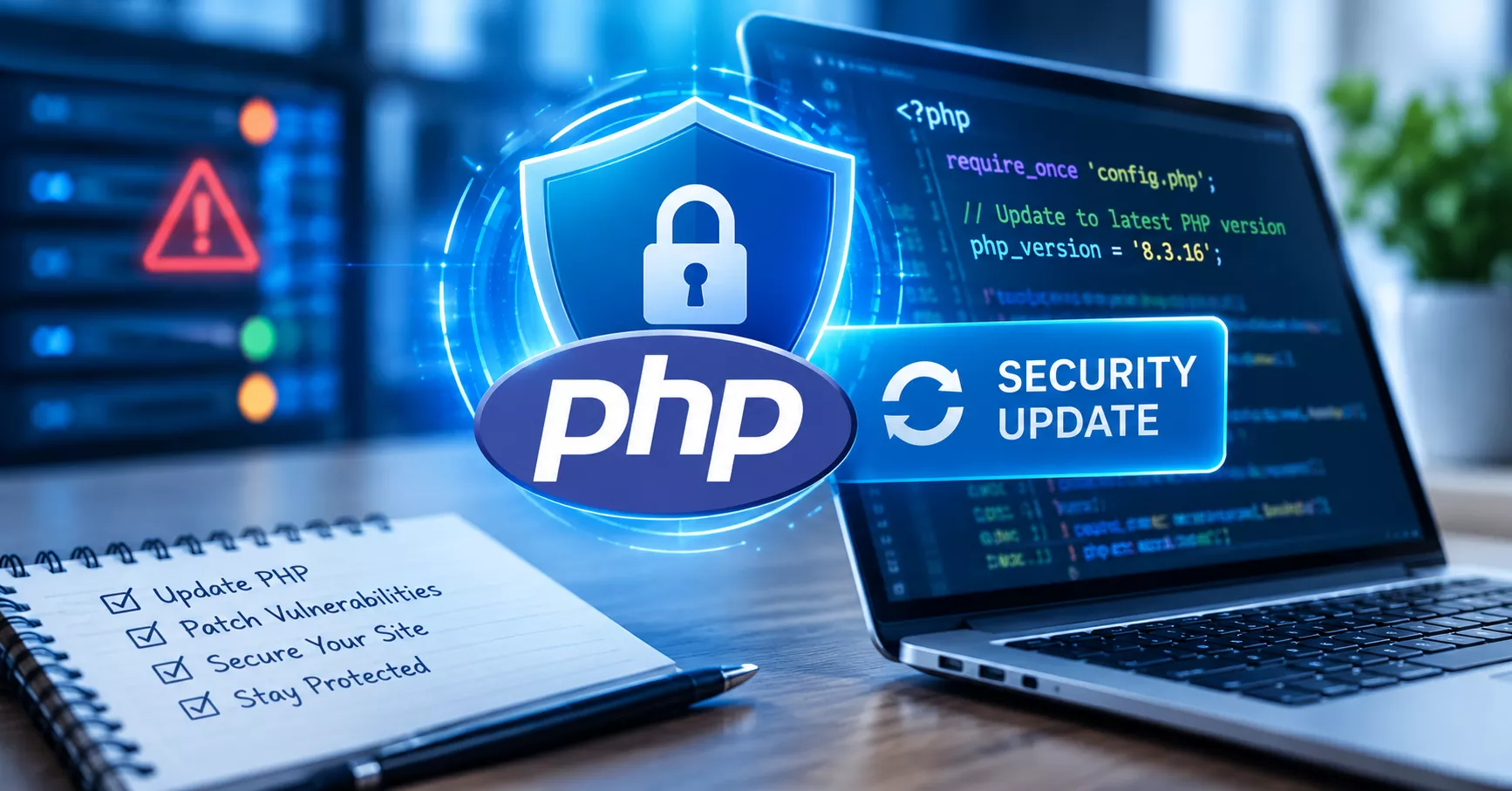 - Editorial illustration of a secure PHP software update featuring a shield, padlock, server code, and cybersecurity interface, representing the importance of updating PHP to the latest security release to protect websites from vulnerabilities and exploits.